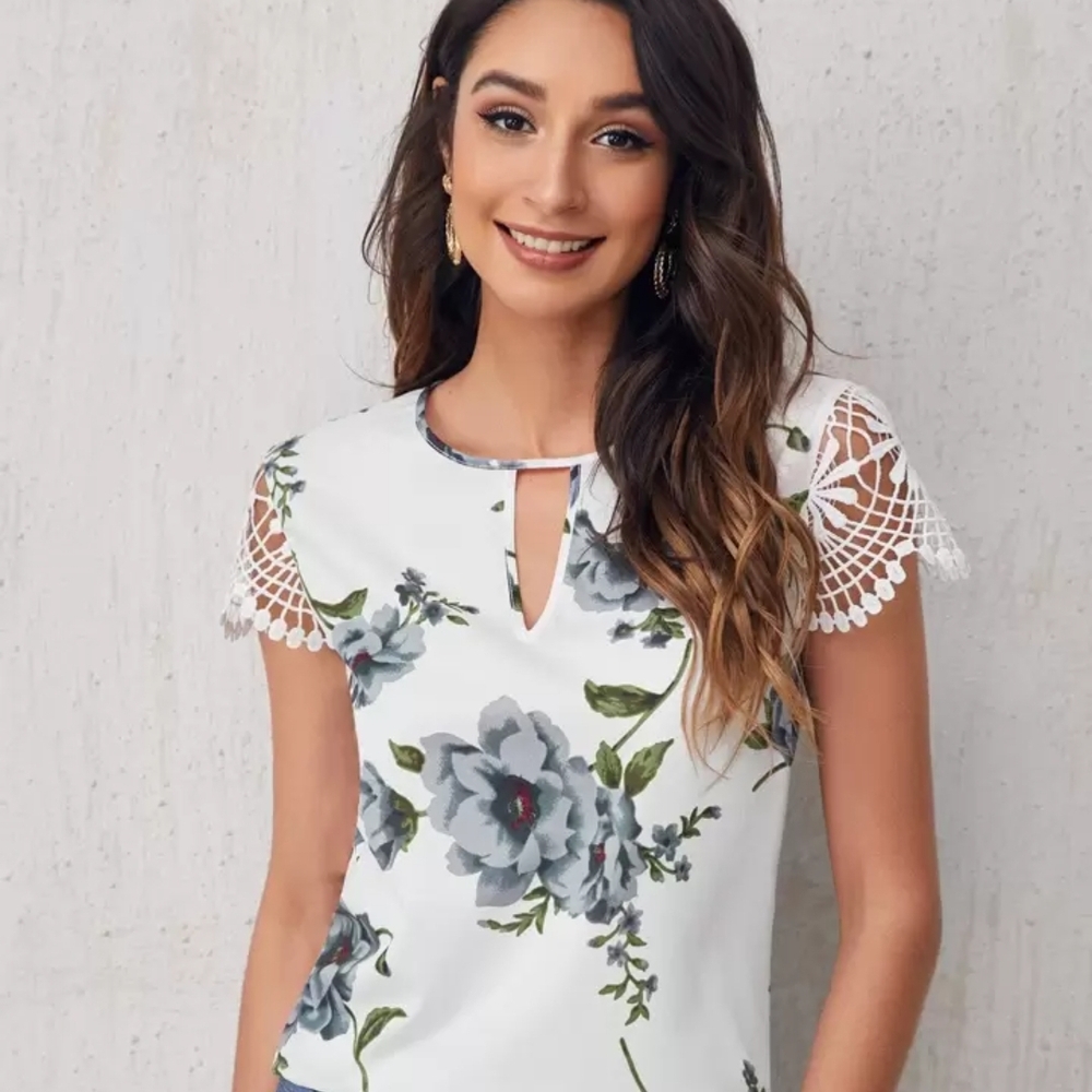 SHEIN White Floral Blouse with Lace Sleeves